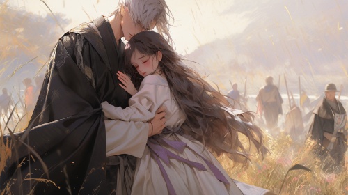 一位身穿黑色汉服的银发男子抱着一位紫色汉服的美少女，公主抱，亚洲面孔，阳光明媚，站在破草屋前，全景全身展示