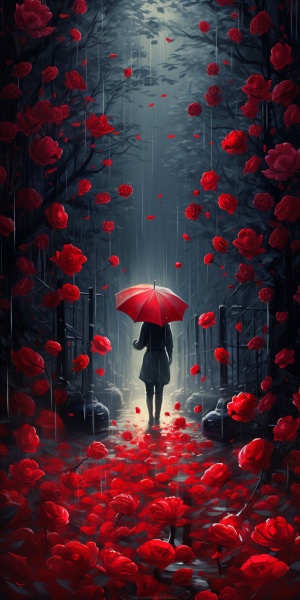 雨后茂密鲜红的玫瑰花丛，怒放的花，月光下依着篱笆，地上散落着凋零的花瓣，风轻轻地吹起花瓣，一个撑着伞的少年的背影，空气中弥漫着一股莫名的忧伤