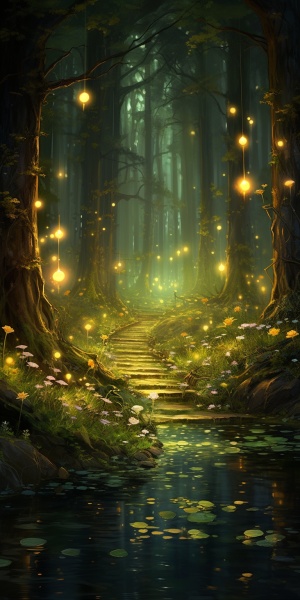 夏夜，森林里一场属于精灵的派对，萤火虫照亮着，温馨，美好的，