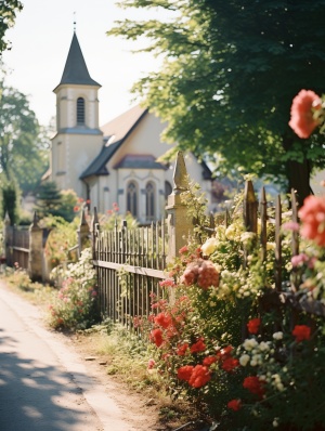 大师作品，超高分辨率，Kodak5203电影胶卷，Leica NoctiluxM 50mm0.95 法国郊外小镇迷人风景 开满鲜花的围栏 碎石小路 远处有教堂 漂亮光影 电影感