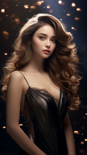 现代女子明星的棕色波浪长发与漂亮时装裙