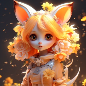 可爱的狐狸少女与花卉的卡通印象派渲染