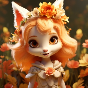 可爱的狐狸少女与花卉的卡通印象派渲染