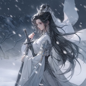 一个女子，黑色长发，束发，月白色仙侠汉服，仙人之姿，手握长剑，眼神冷冷的，背景雪山，超高清画质，8k超高清，细腻的人物表情，柔和的灯光