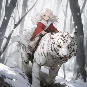 小女孩骑强大白虎在雪中的森林冒险