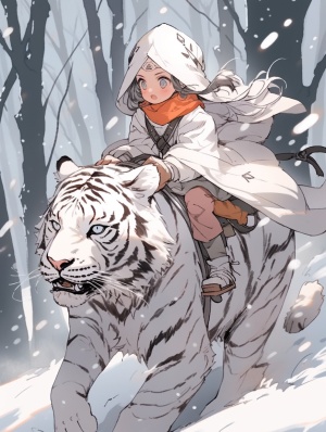 森林，大雪，一个可爱的小女孩穿着斗篷骑着一只强大的白虎