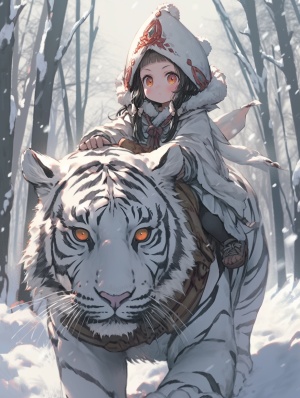 森林，大雪，一个可爱的小女孩穿着斗篷骑着一只强大的白虎