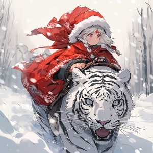 东北森林的可爱小女孩骑白老虎穿红斗篷