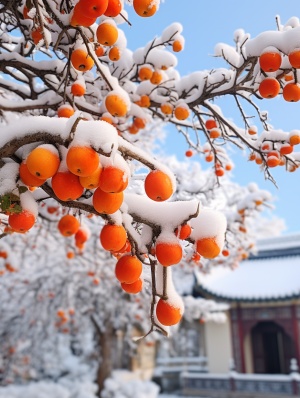 柿子树下的江南雪花景色