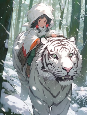 森林，大雪，一个可爱的小女孩穿着斗篷骑着一只强大的白虎，高清细节