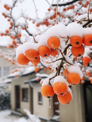 一颗柿子树挂满柿子，下雪，厚厚白雪，江南小镇，雪花，摄影，佳能相机拍照，超高清，真实