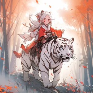 红叶森林中的小女孩和白虎