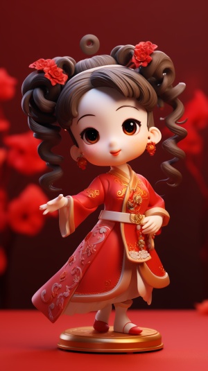 A traditional Chinese ancient little girl, wearing a cheongsam, a lion dancer behind her, chibi, happy, Chinese New Year, sculpture art, standing, super cute IP by POP MART, model, Blind box toys, Fine gloss, red background, C4D, OC render, Best quality, 8K, Super Detail ar 3:4 s 400