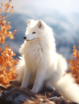 白狐凝望远方，雪山间的动人光影