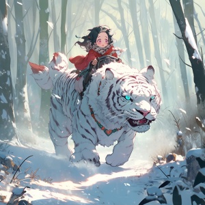 阳光明媚森林，大雪，一个可爱漂亮的小女孩穿着斗篷骑着一只强大的大白虎