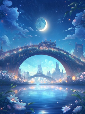 月色下的湖心石拱桥，百花齐放的超高清图像