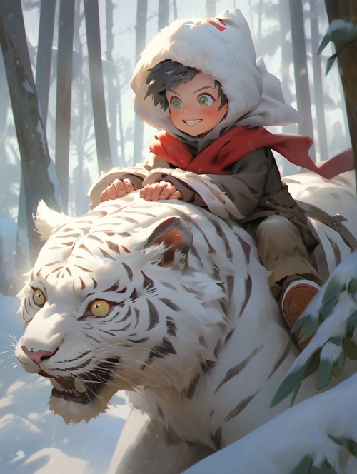森林，大雪，一个可爱的小男孩穿着斗篷骑着一只强大的白虎