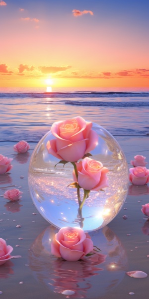 傍晚阳光照耀下的玫瑰花和水晶