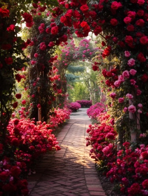 盛开的美丽红色玫瑰花的小路