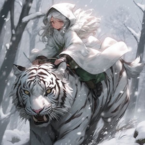 森林，大雪，一个可爱的小女孩穿着斗篷骑着一只强大的白虎，细节，唯美二次元