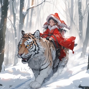 森林，大雪，一个可爱的小女孩穿着红色斗篷骑着一只强大的白虎，唯美二次元，超精致高清，锐化