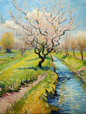 In the style of Van gogh,the blossoming orchard lies at the heart of serene countryside,with gentle hills and meadows stretching to the horizonv6.0