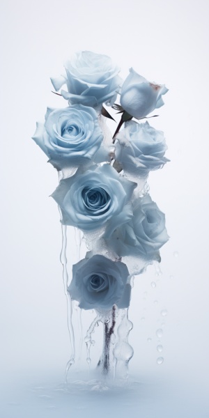 Close-up, lowered head, Roses made of silk , floating in the air, by akos major,abstract, motion blur, frozen moment, stunning imagination, 雾霾蓝和白色, dissipate, as silky as water