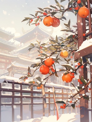 暖黄色雪景中的宫殿与柿子树