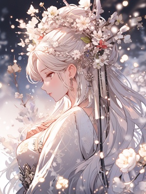 illustration of a female with long white hair and flowers, in the style of the stars art group (xing xing), anime art, light silver and light crimson, snow scenes, graceful, dansaekhwa, pleasing sense of harmony