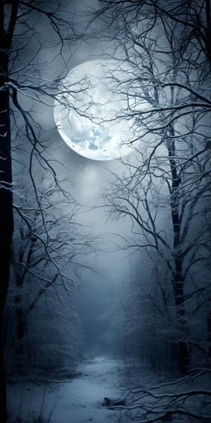 画一张图片，月亮高挂在天空中。图中的树木被白雪覆盖，树枝伸展开来，形成了一个独特的景观。整个画面给人一种宁静、寒冷的感觉，仿佛置身于一个冬日的森林中。