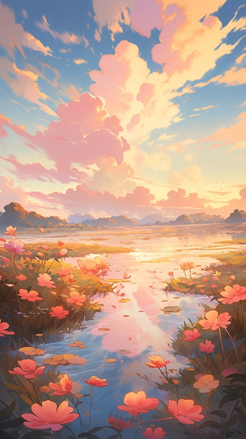 一条河流在远处，近处是一片蔷薇丛，天空粉色的云很美，印象派，微卡通，8k超高清，浅琥珀色和橙色，逼真的，超细节渲染，超细节