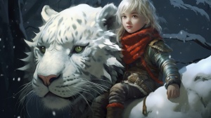 森林，大雪，一只可爱的小猫穿着斗篷骑着一只强大的白虎