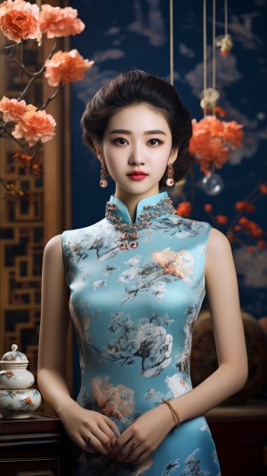 一个亚洲美女、20岁、浅棕色盘丸子头头发，正脸面对观众，穿着浅雾蓝色花纹的修身旗袍，珍珠耳环、珍珠项链，全身照，站在花院中，顶级摄影师作品