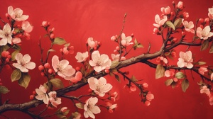 红色背景下的怀旧海棠花版画与传统配色