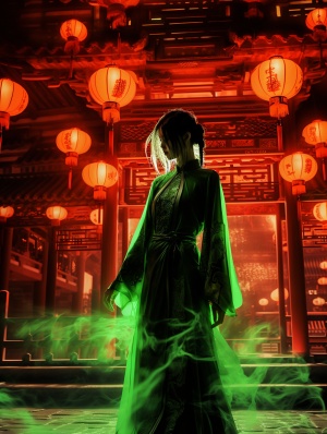 一个穿着中国古装荧光绿色的女人站在绿色灯笼前，以空灵，幽灵般的人物，背景鼓楼，庭院，整体荧光透绿色，线条，光，透亮，传统中文，nightcore，神秘背景，32k uhd，彩绘插图，ue5的风格，发光，神秘感，发光红色橙色绿色灯笼