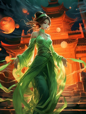 一个穿着中国古装荧光绿色的女人站在绿色灯笼前，以空灵，幽灵般的人物，背景鼓楼，庭院，整体荧光透绿色，线条，光，透亮，传统中文，nightcore，神秘背景，32k uhd，彩绘插图，ue5的风格，发光，神秘感，发光红色橙色绿色灯笼