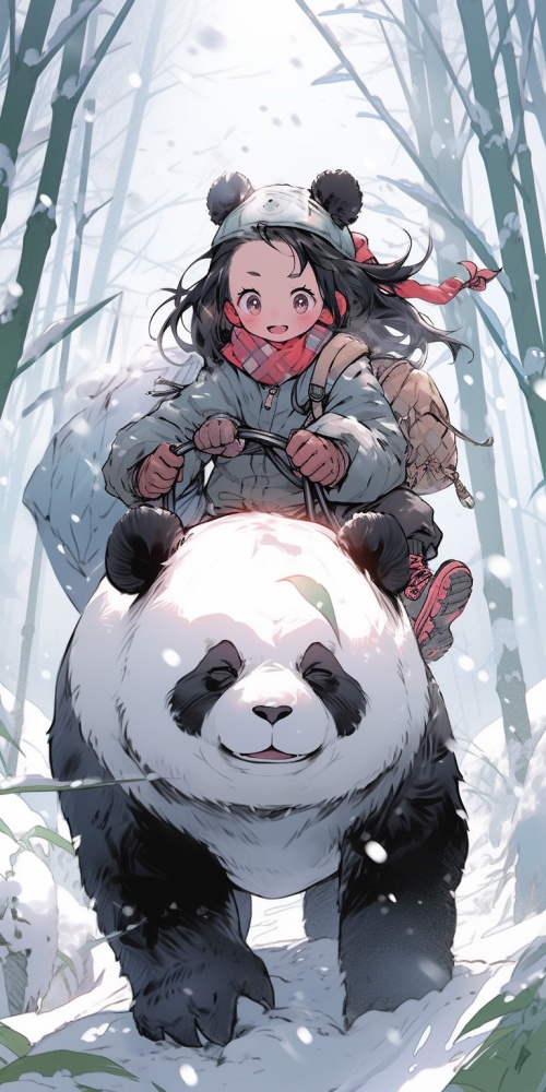森林，大雪，一个可爱的小女孩穿着斗篷骑着一只强大的熊猫