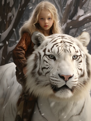 小女孩骑强大白虎在雪中的森林冒险