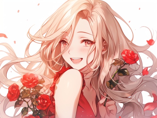一个20岁女性，长发，甜美笑容，玫瑰花