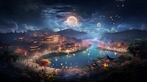 中国文化主题风格下的春天草原之夜航拍效果