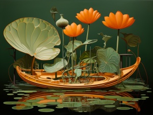 Whimsical Interpretation of Thin Lotus Leaf in Orange and Green