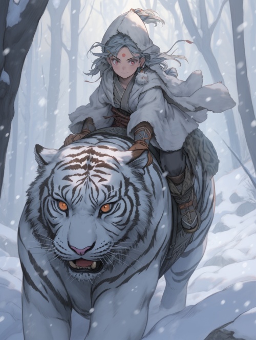森林，大雪，一个古风少年骑着一只强大的白虎