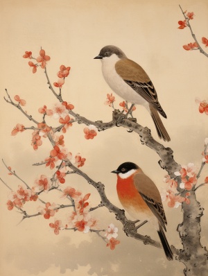 描绘鸟和梅花的坦率安静的水墨画