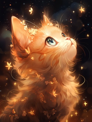 一只可爱的小橘猫，大大的绿色眼睛，绿色眼睛，梦幻，仰望星空，星空，