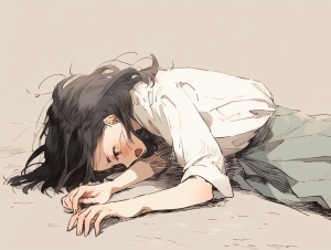 一个女人躺在地上，用手捂着肚子，痛苦的样子
