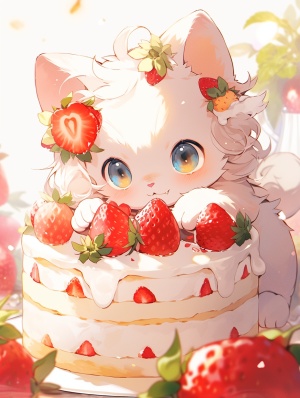 梦幻小白猫与美味草莓蛋糕