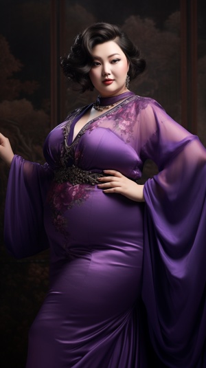 亚洲女人微胖紫色礼服摆姿势之美