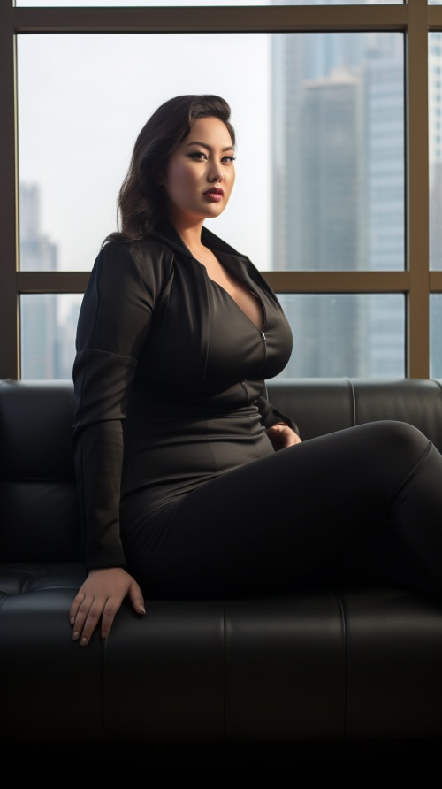 一个微胖女人，黑色运动服套装，坐在啡色沙发上，明亮的窗台前，微胖妇女，曲线身材，美丽的，亚洲的中国女人