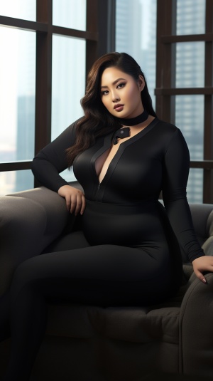 一个微胖女人，黑色运动服套装，坐在啡色沙发上，明亮的窗台前，微胖妇女，曲线身材，美丽的，亚洲的中国女人