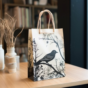 商店45°角鸟类主题手提纸袋，浅白与深灰的宽松流畅风格